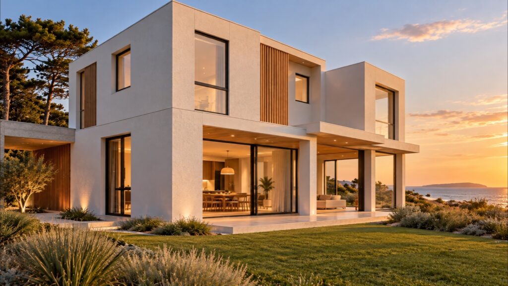 Casa moderna de dos plantas terminada con el sistema SteelPanel en Punta del Este, fachada clara, grandes ventanales y jardín prolijo al atardecer