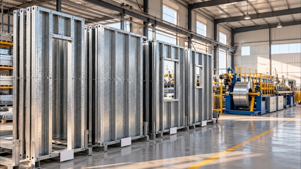 Planta industrial limpia y ordenada con paneles SteelPanel de acero galvanizado terminados en fila y línea de perfilado al fondo