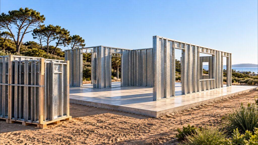 Obra en seco ordenada en Punta del Este: paredes de paneles SteelPanel sobre platea limpia y pallet de paneles apilados a un costado