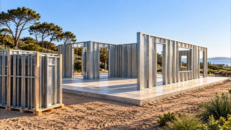 Obra en seco ordenada en Punta del Este: paredes de paneles SteelPanel sobre platea limpia y pallet de paneles apilados a un costado