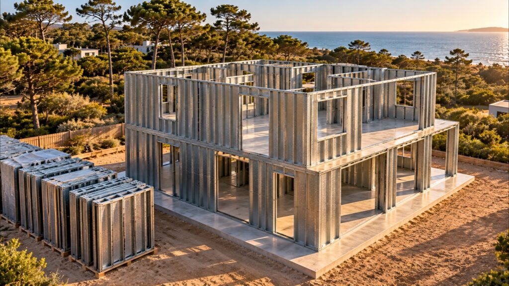 Vista aérea de una obra ordenada con estructura de paneles SteelPanel de dos plantas, acopio prolijo de paneles y pinos con el mar de fondo en Punta del Este