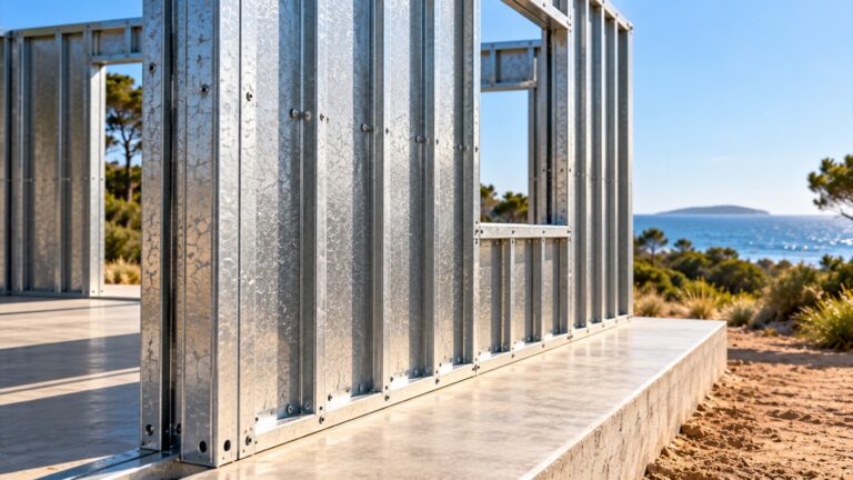 Detalle de pared de paneles SteelPanel de acero galvanizado con perfiles y tornillos, fijada a platea de hormigón frente al mar en Punta del Este