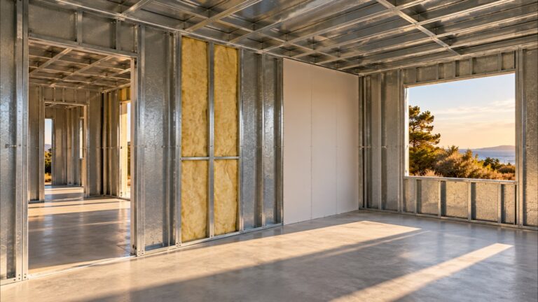 Interior de casa en construcción en seco con paneles SteelPanel de acero galvanizado, lana de vidrio y placas de yeso, obra limpia y ordenada