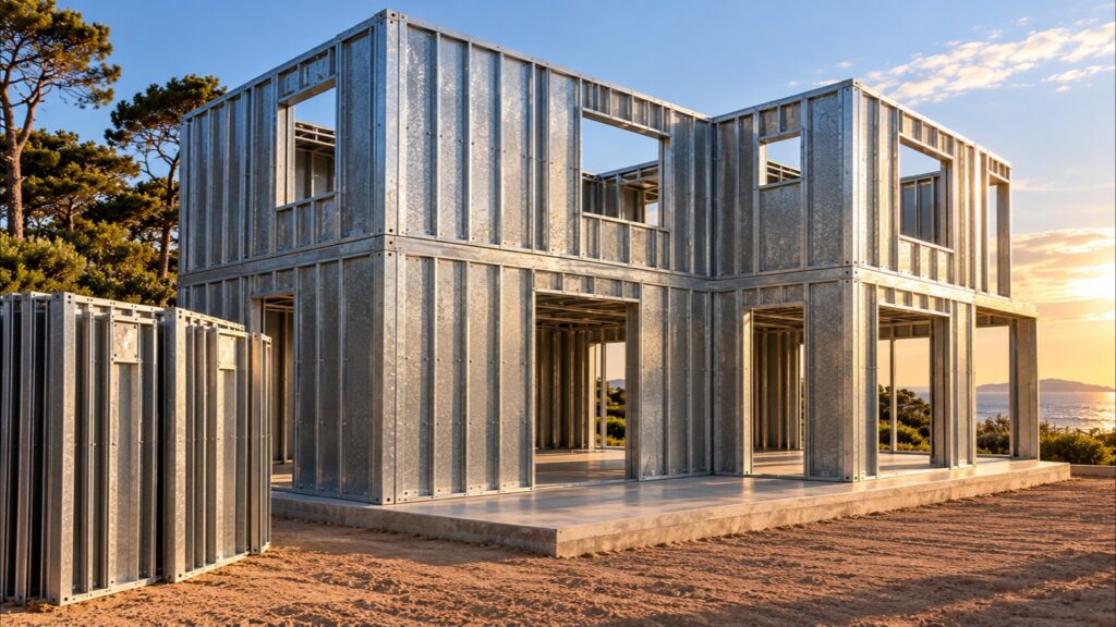 Casa de dos plantas en obra con paredes de paneles SteelPanel de acero galvanizado sobre platea de hormigón, obra limpia y ordenada en Punta del Este